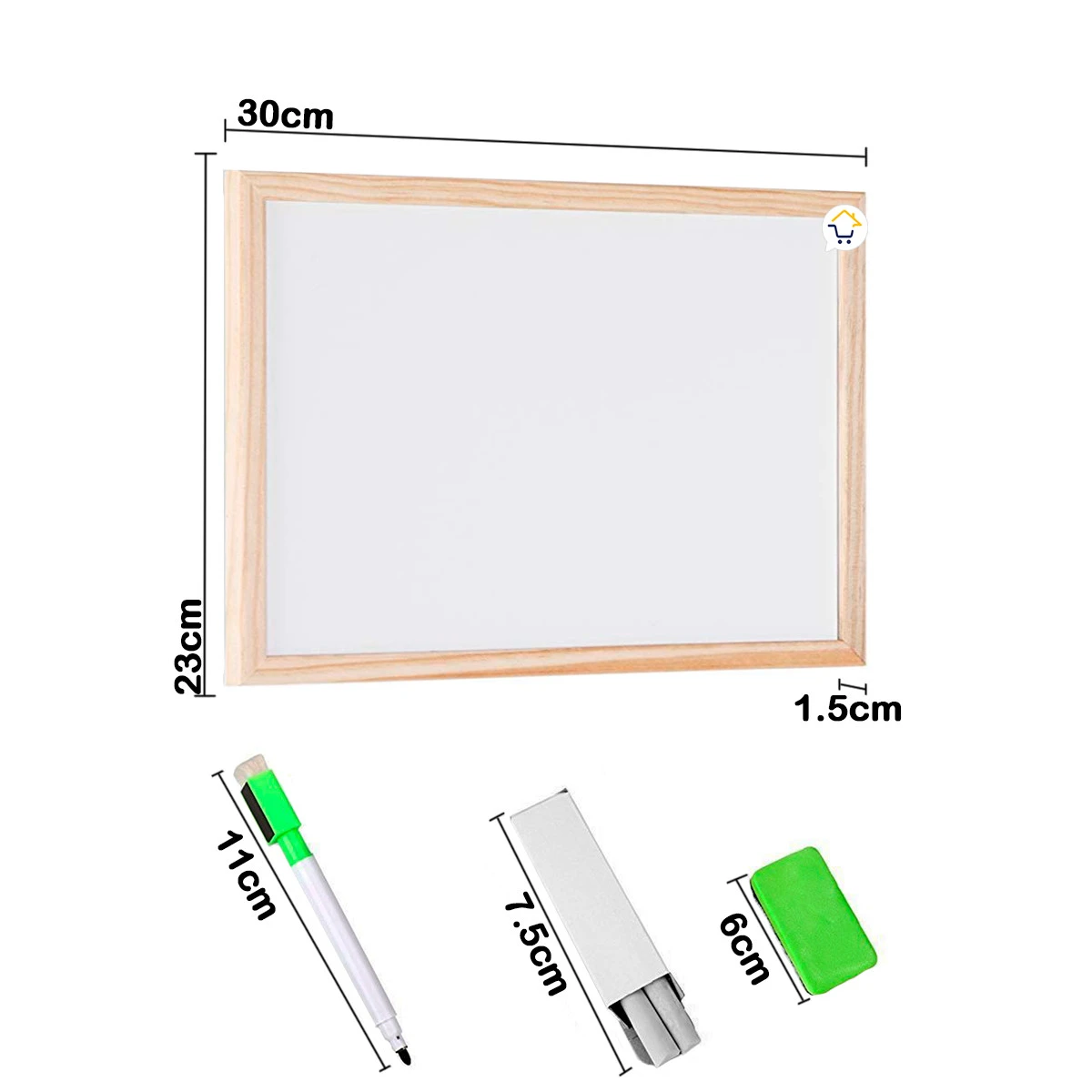 Pizarra blanca didáctica de 30x23 cm con marco de madera, marcador, borrador y tizas.