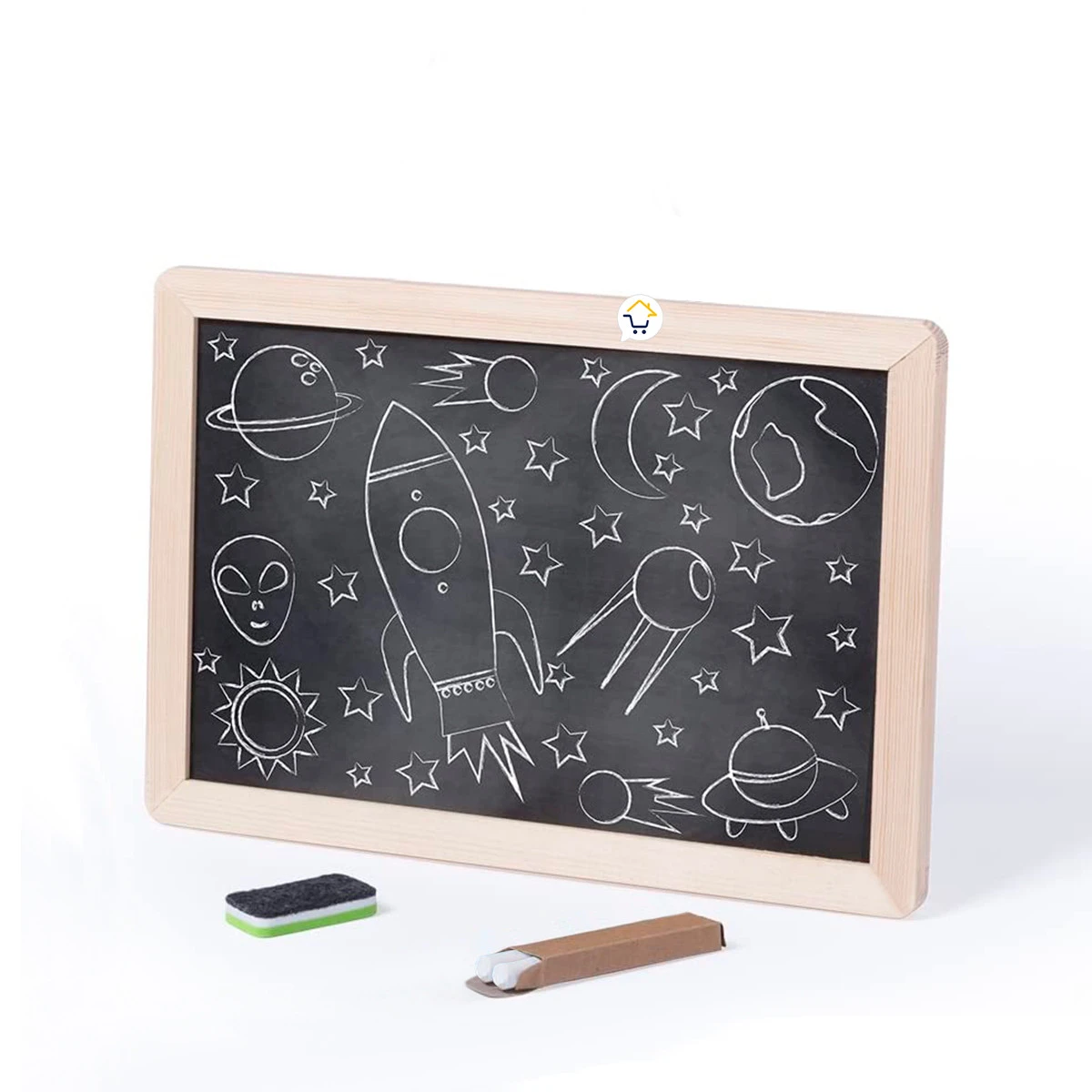 Tablero didáctico de madera con dibujos espaciales a tiza, incluye borrador y tizas.