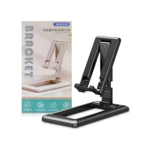 Soporte negro plegable para celular, ideal para escritorio. Incluye empaque.