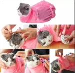 Malla de baño para gatos rosa malla. Collage mostrando limpieza de orejas, corte de uñas y medicación.