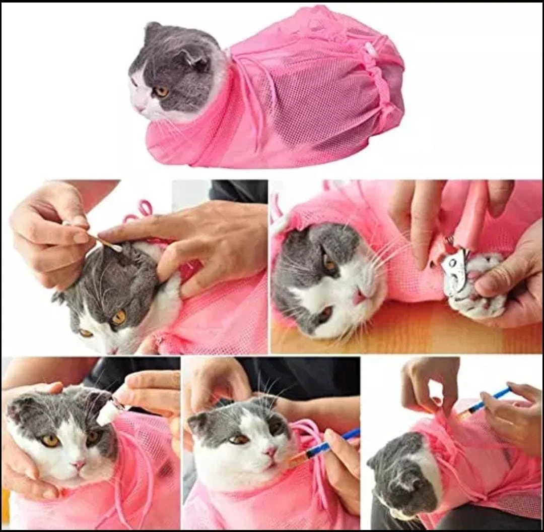 Malla de baño para gatos rosa malla. Collage mostrando limpieza de orejas, corte de uñas y medicación.