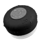 Parlante azul recargable para ducha con botones de control, resistente al agua.