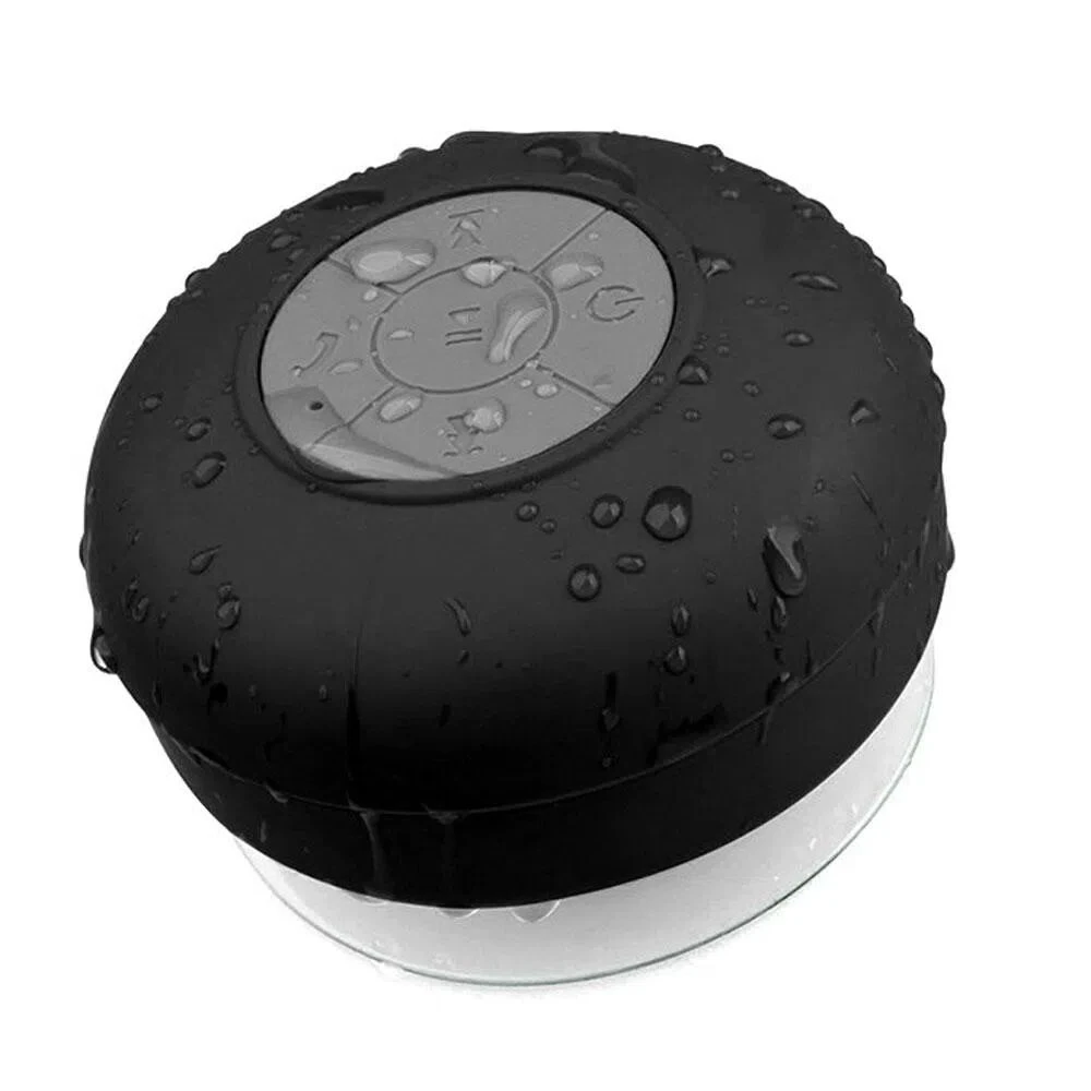 Parlante azul recargable para ducha con botones de control, resistente al agua.