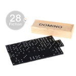 Juego de dominó negro con 28 fichas y caja de madera, ideal para mesas.