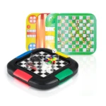 Juego de mesa 7 en 1 familiar con tablero desplegable de damas, backgammon y serpientes y escaleras, piezas en empaque.