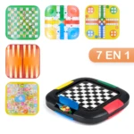 Juego de mesa familiar 7 en 1 con tableros de serpientes y escaleras, parchís y damas chinas en base negra.