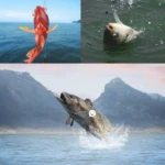 Anzuelo de pesca plateado salta del agua en escena dramática con montañas al fondo.