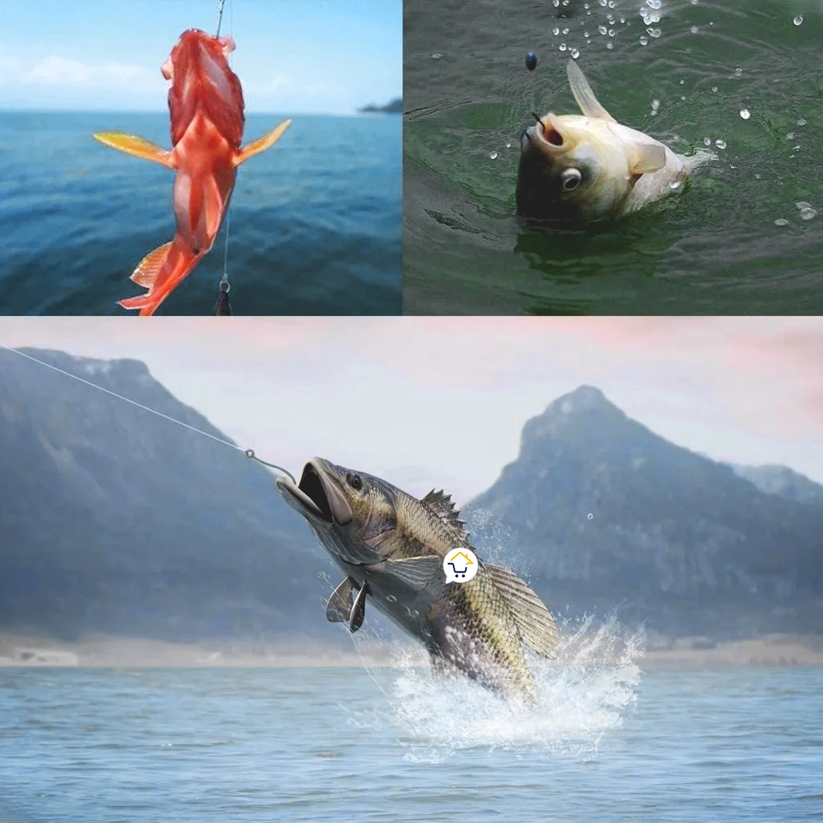 Anzuelo de pesca plateado salta del agua en escena dramática con montañas al fondo.