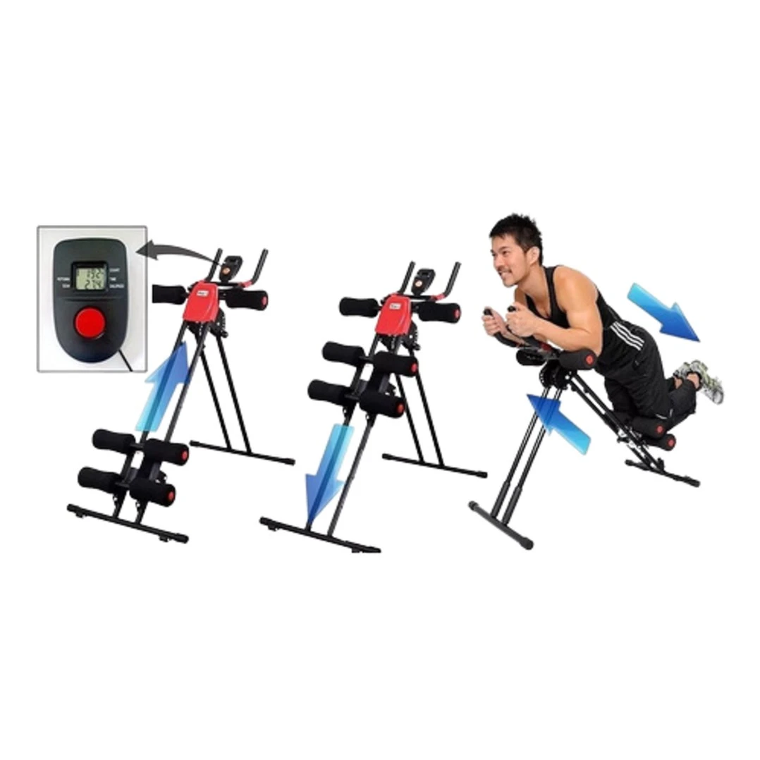 Máquina abdominal Ab Vertical en tres posiciones: plegada, lista para usar y en uso por hombre, con contador digital visible.