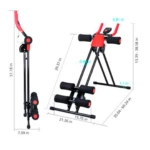 Máquina Abdominales Vertical roja y negra. Medidas desplegada 39.37 in alto x 15.75 in ancho y plegada 51.18 in alto x 7.09 in fondo.