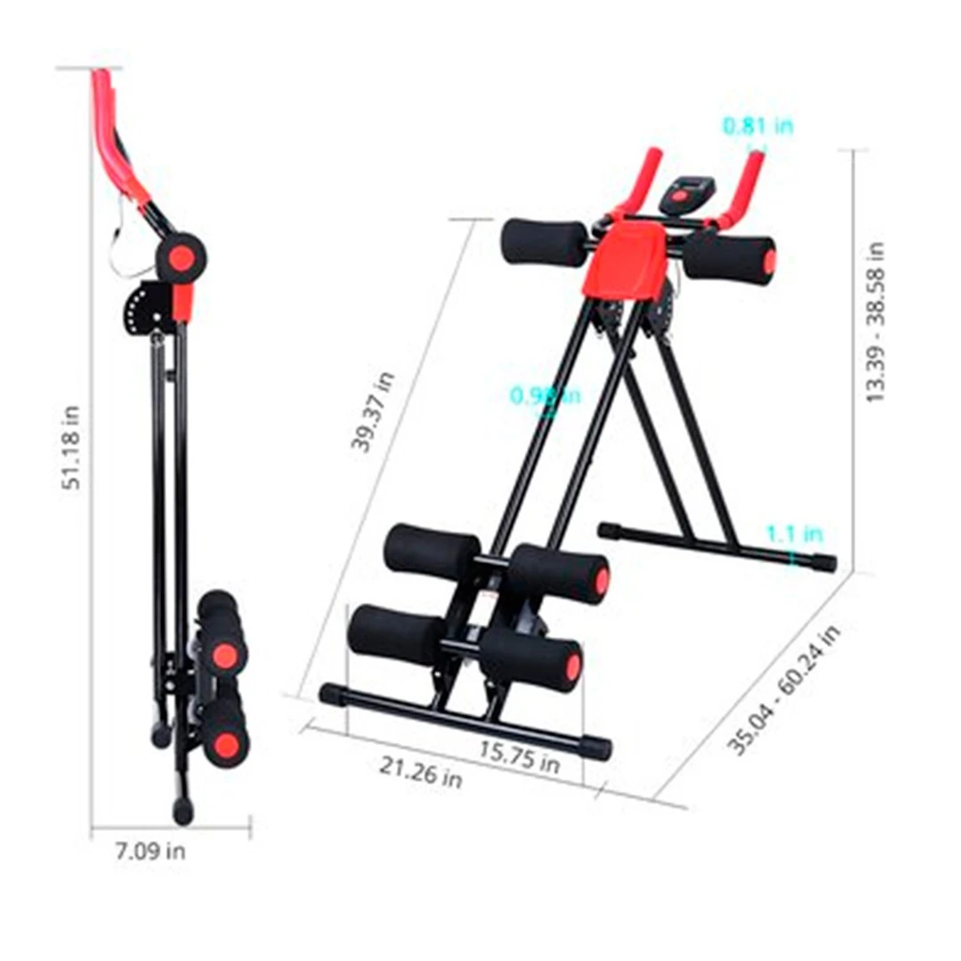 Máquina Abdominales Vertical roja y negra. Medidas desplegada 39.37 in alto x 15.75 in ancho y plegada 51.18 in alto x 7.09 in fondo.