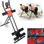 Máquina Abdominales Vertical negra y roja con monitor digital, usada por un hombre y una mujer, detallando el movimiento de flexión.