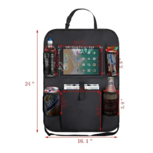 Organizador para carro de tela negra, con compartimentos para tablet, botellas y libros.