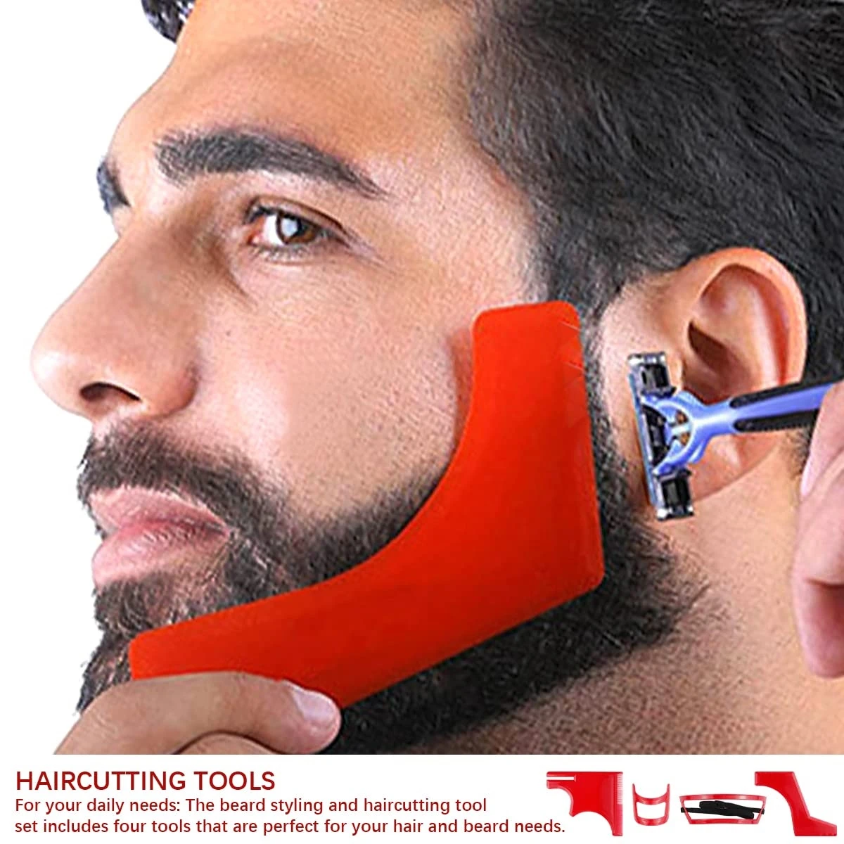 Plantilla roja para estilizar barba y perfilador para recortar vello facial, ideal para barbería y cuidado personal.