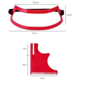 Plantilla roja para corte de barba, con guía y peine. Medidas: 15.5cm, 25cm, 5.5cm, 5cm, 9cm, 11cm.