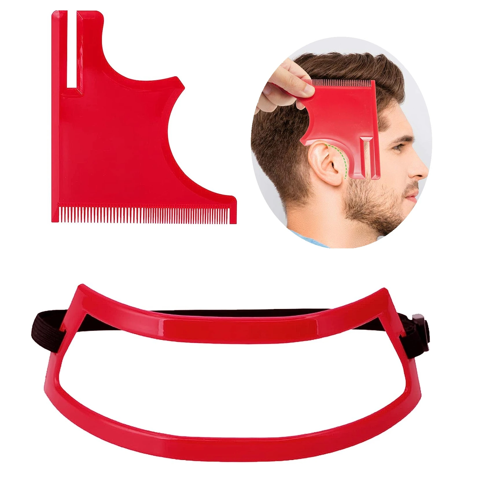 Plantilla roja para dar forma al vello facial y peine para barba.