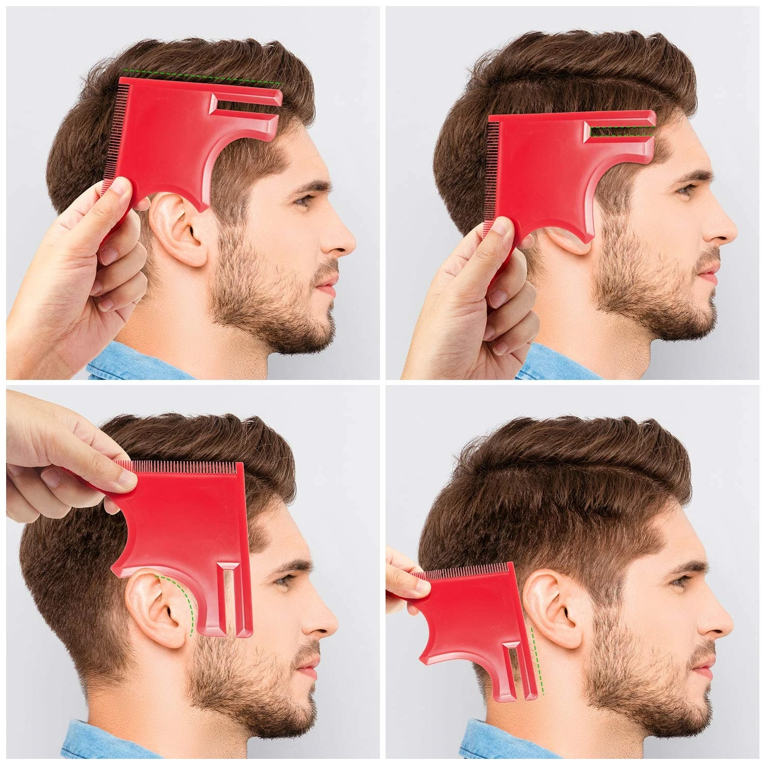 Plantilla roja para corte de barba y cabello, ayuda a perfilar patillas y cuello.
