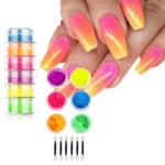 Set de 12 pigmentos en polvo neón para uñas con acabados vibrantes, incluye frascos apilables, aplicadores de espuma y muestra de diseño degradado.