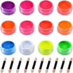 Set de 12 pigmentos en polvo neón para uñas y maquillaje, incluye variedad de colores vibrantes en frascos individuales y aplicadores de doble punta.