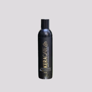 Envase cilíndrico negro de tratamiento capilar Keracate 250 ml para alisado progresivo con detalles dorados, tapa negra y diseño minimalista.