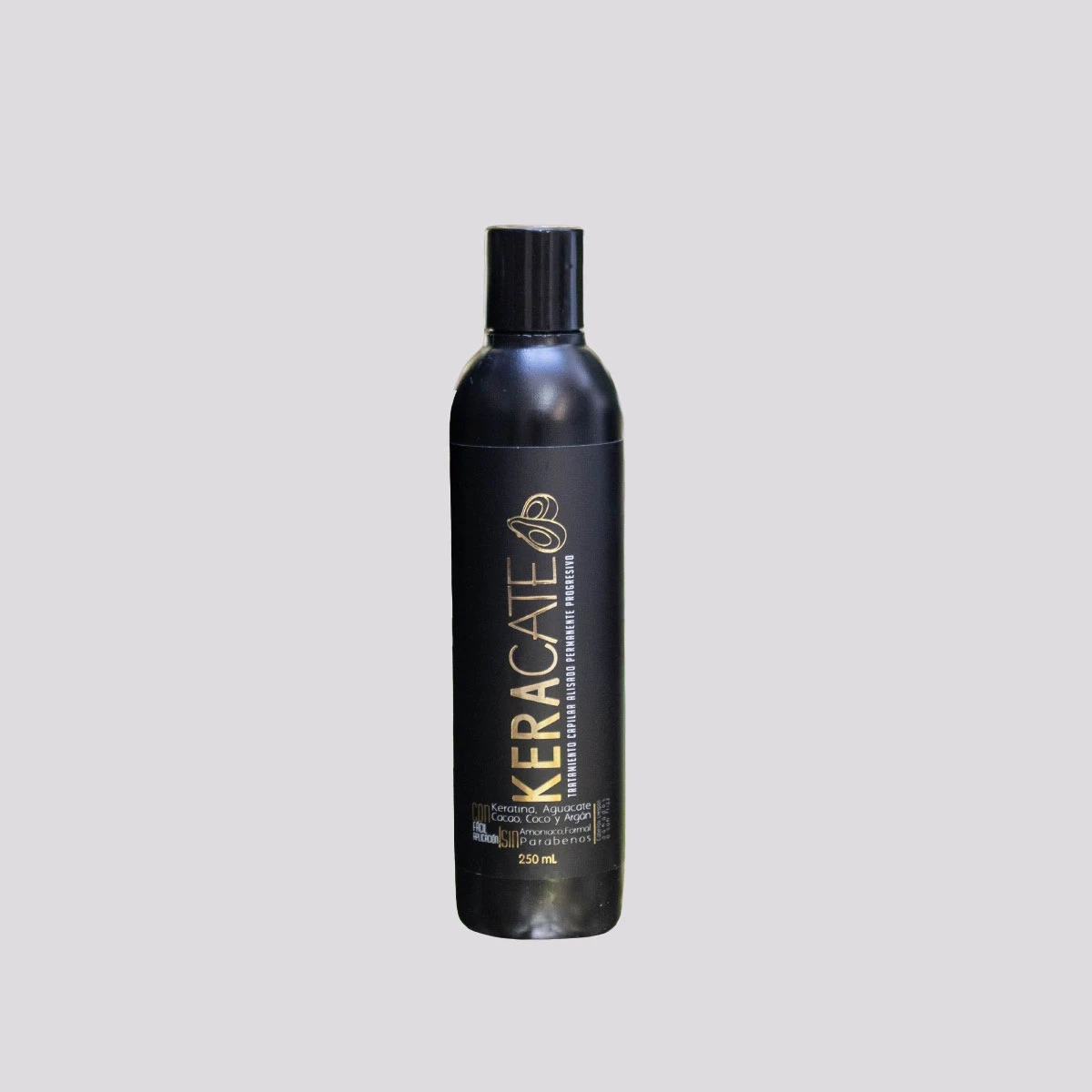 Envase cilíndrico negro de tratamiento capilar Keracate 250 ml para alisado progresivo con detalles dorados, tapa negra y diseño minimalista.
