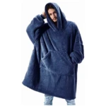 Manta térmica azul marino extragrande de felpa con capucha y bolsillo frontal, para adultos.