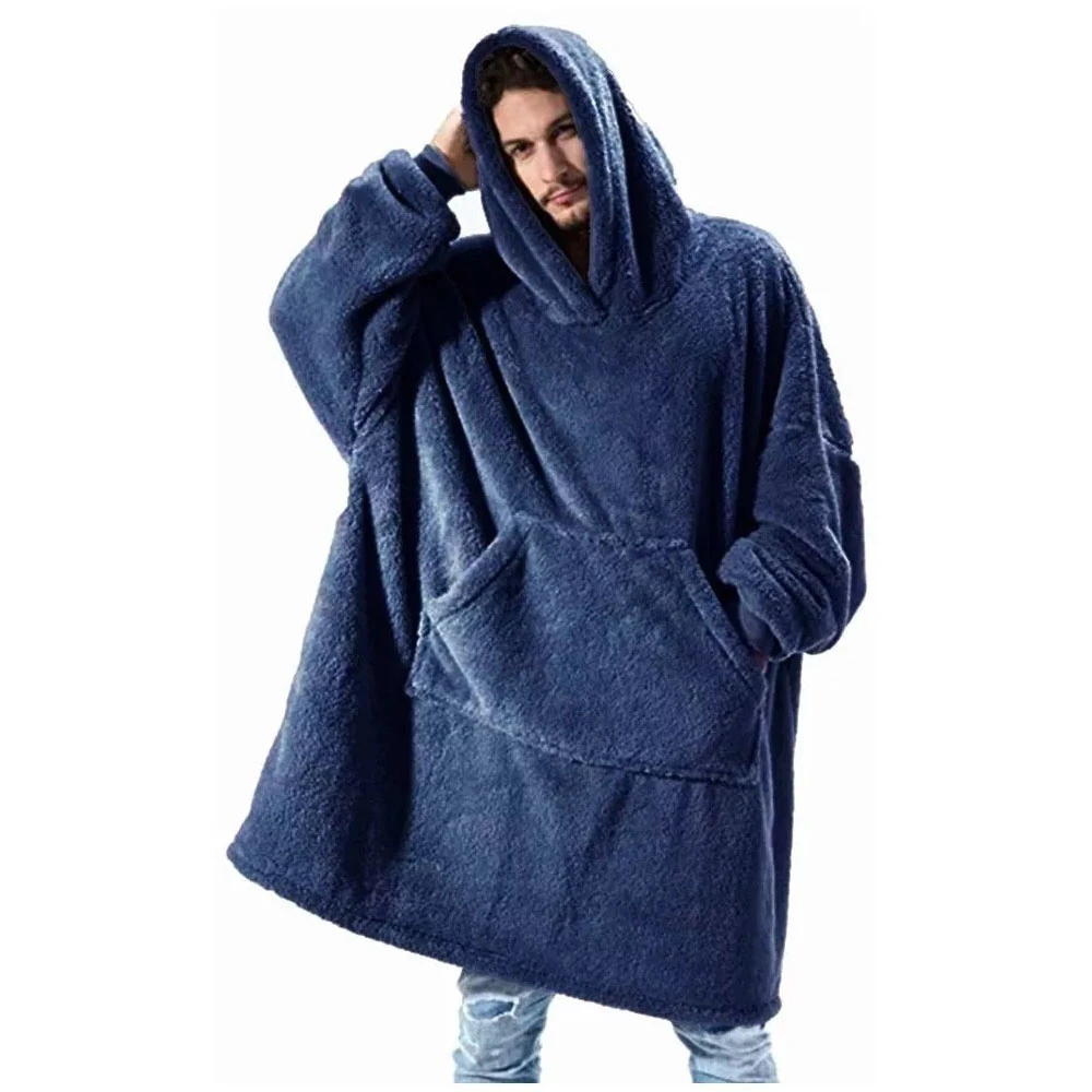 Manta térmica azul marino extragrande de felpa con capucha y bolsillo frontal, para adultos.