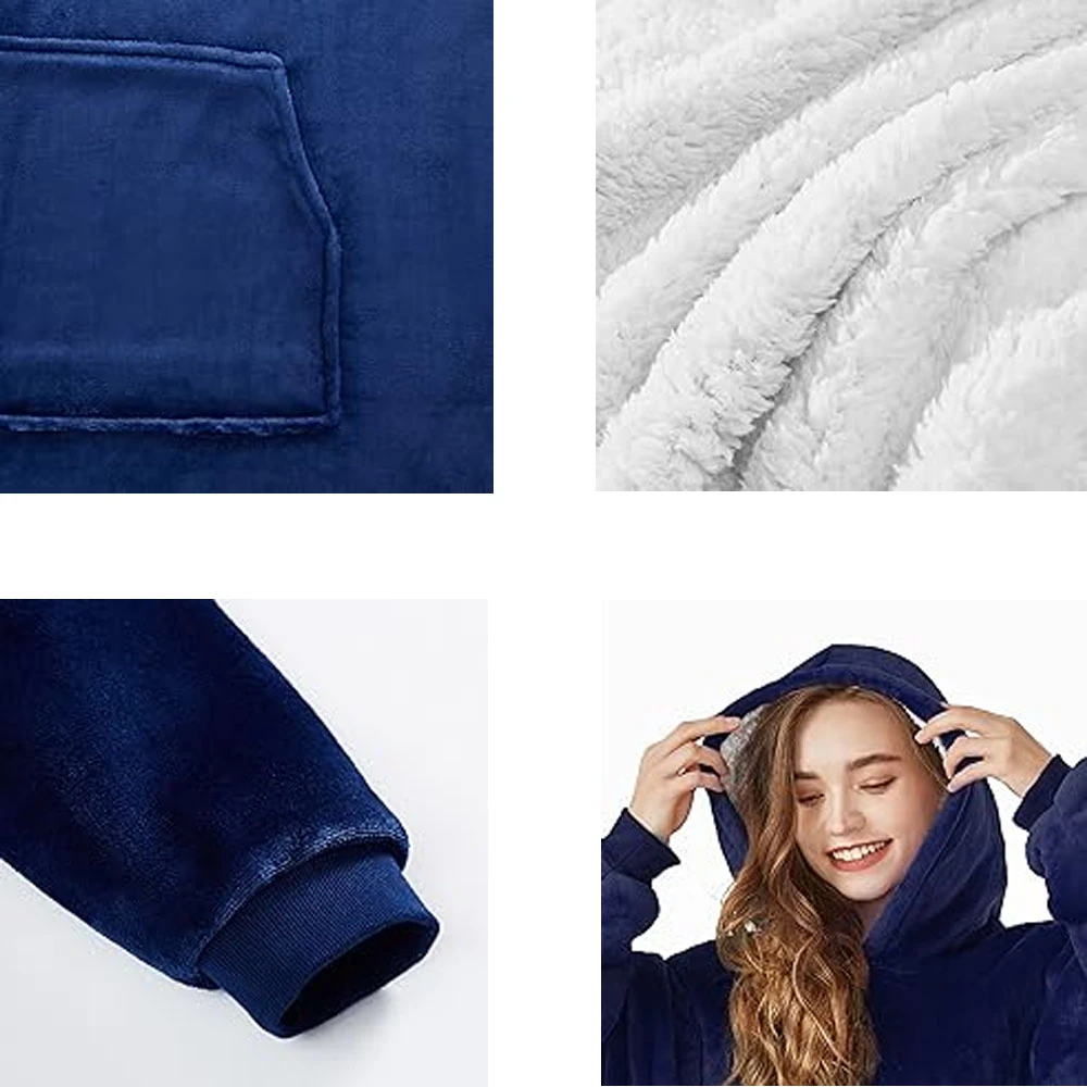 Manta térmica extragrande azul marino, interior blanco, bolsillo frontal y manga con puño.