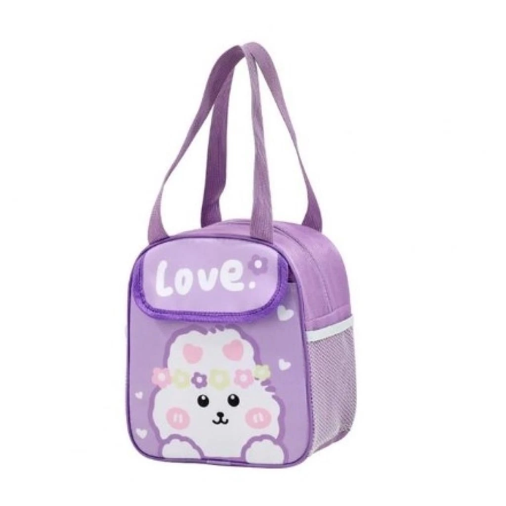 Lonchera térmica morada con personaje de peluche y flor, y texto "love". Ideal para niños.
