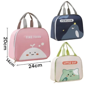 Tres loncheras térmicas con diseños de animales: pingüino, gatito y figura rosa.