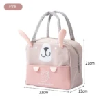 Lonchera térmica rosa para niños, con diseño de oso y fresa, 21cm alto, 23cm ancho.
