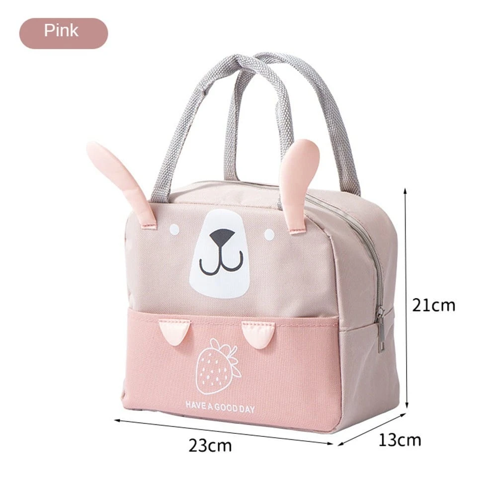 Lonchera térmica rosa para niños, con diseño de oso y fresa, 21cm alto, 23cm ancho.