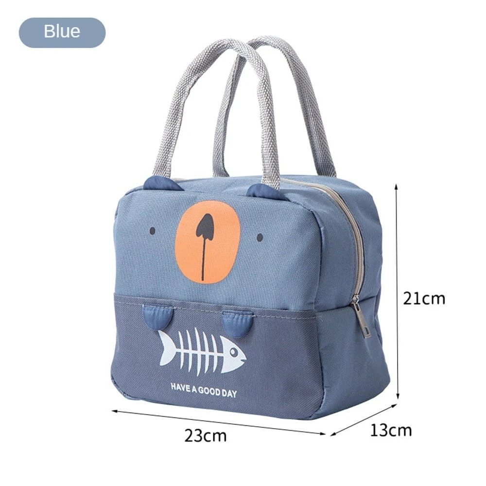 Lonchera térmica azul con diseño de oso y pez, medidas 23x21x13 cm.