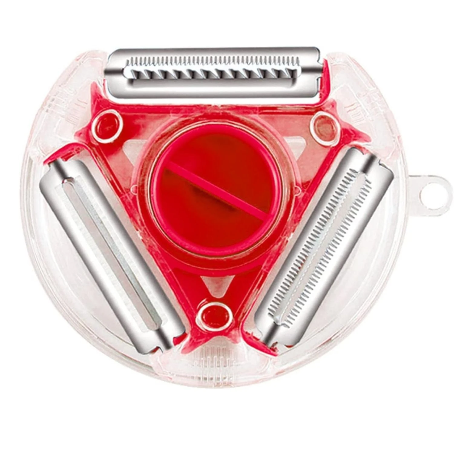 Rebanador multifuncional 3 en 1 con cuchillas de acero inoxidable y cuerpo transparente.