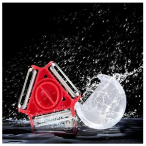 Rebanador triangular rojo multifuncional 3 en 1, con cuchillas de acero inoxidable, salpicado por agua.