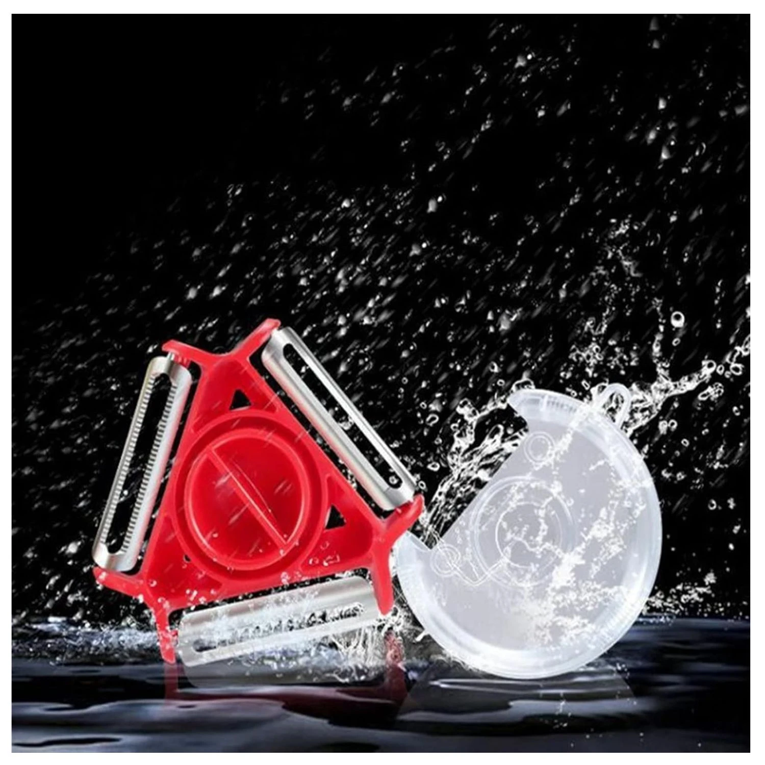 Rebanador triangular rojo multifuncional 3 en 1, con cuchillas de acero inoxidable, salpicado por agua.