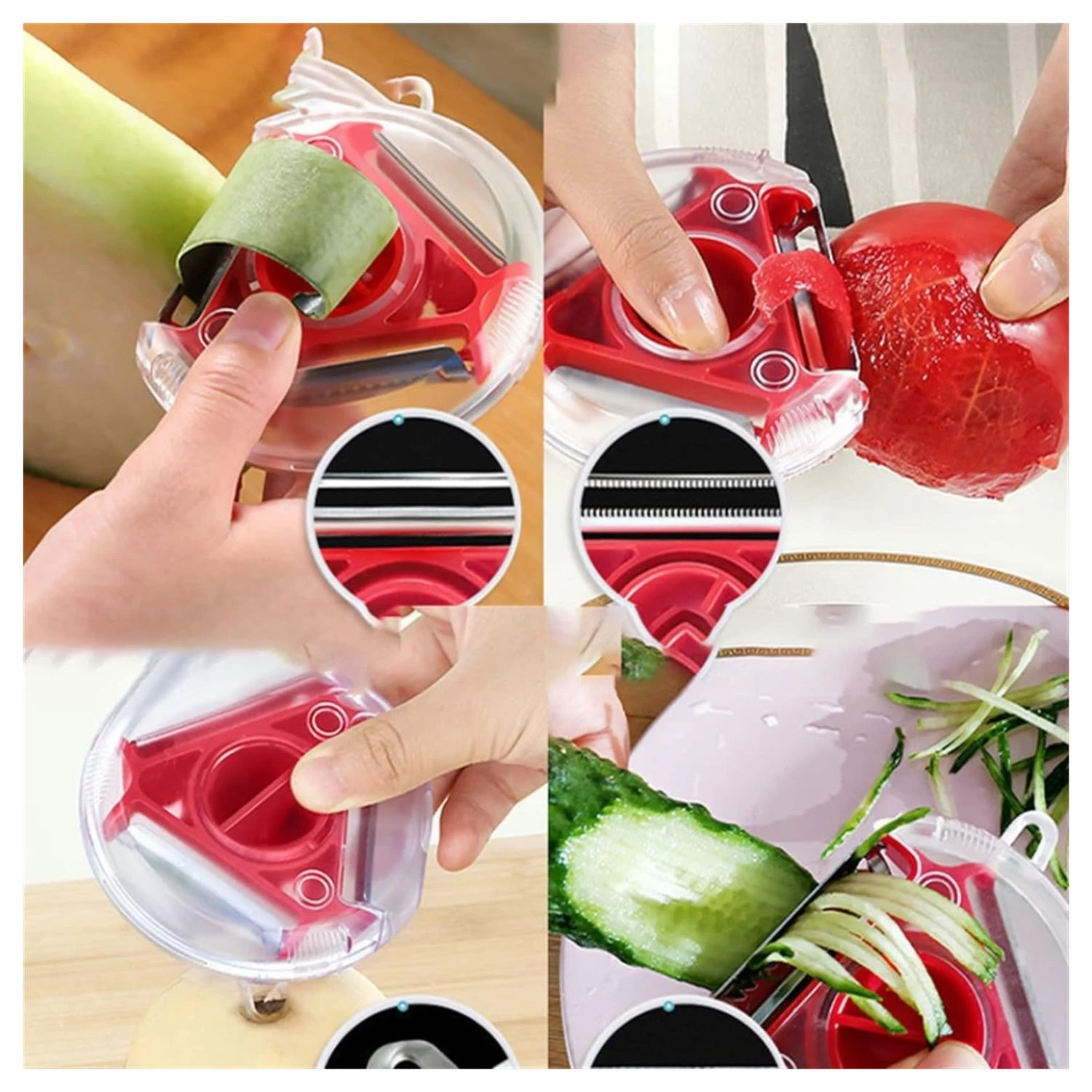 Rebanador multifuncional 3 en 1 rojo pelando y rebanando vegetales como calabacín y tomate.