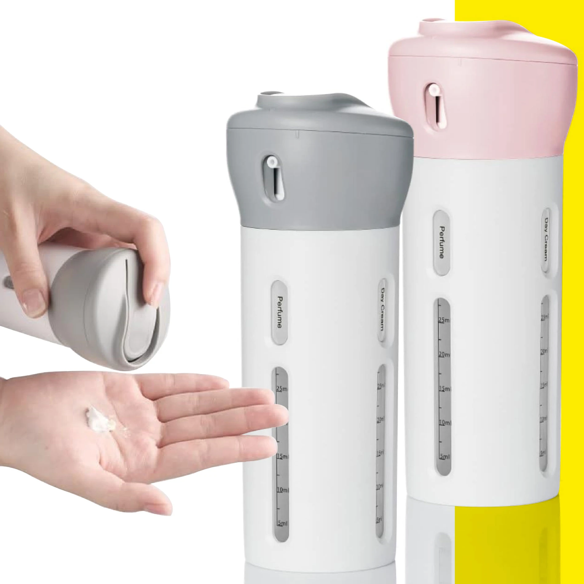Dispensador 4 divisiones para líquidos: un frasco blanco con tapa gris, otro con tapa rosa, ambos dispensan crema en mano.