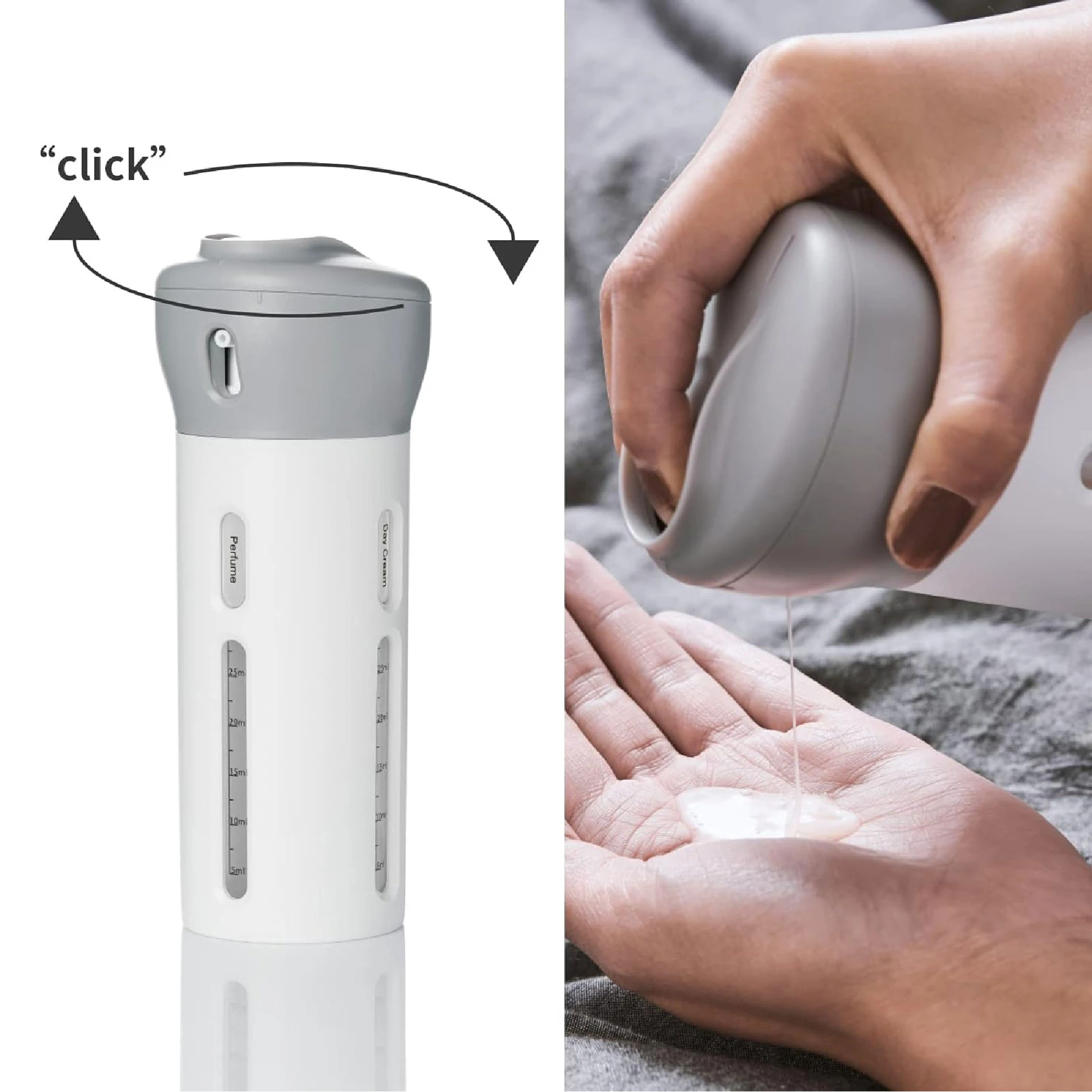 Dispensador 4 divisiones con botón selector y dosificador líquido en mano.