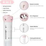 Dispensador portátil rosa y blanco 4 en 1 para lociones, con selector giratorio y ventana visible.