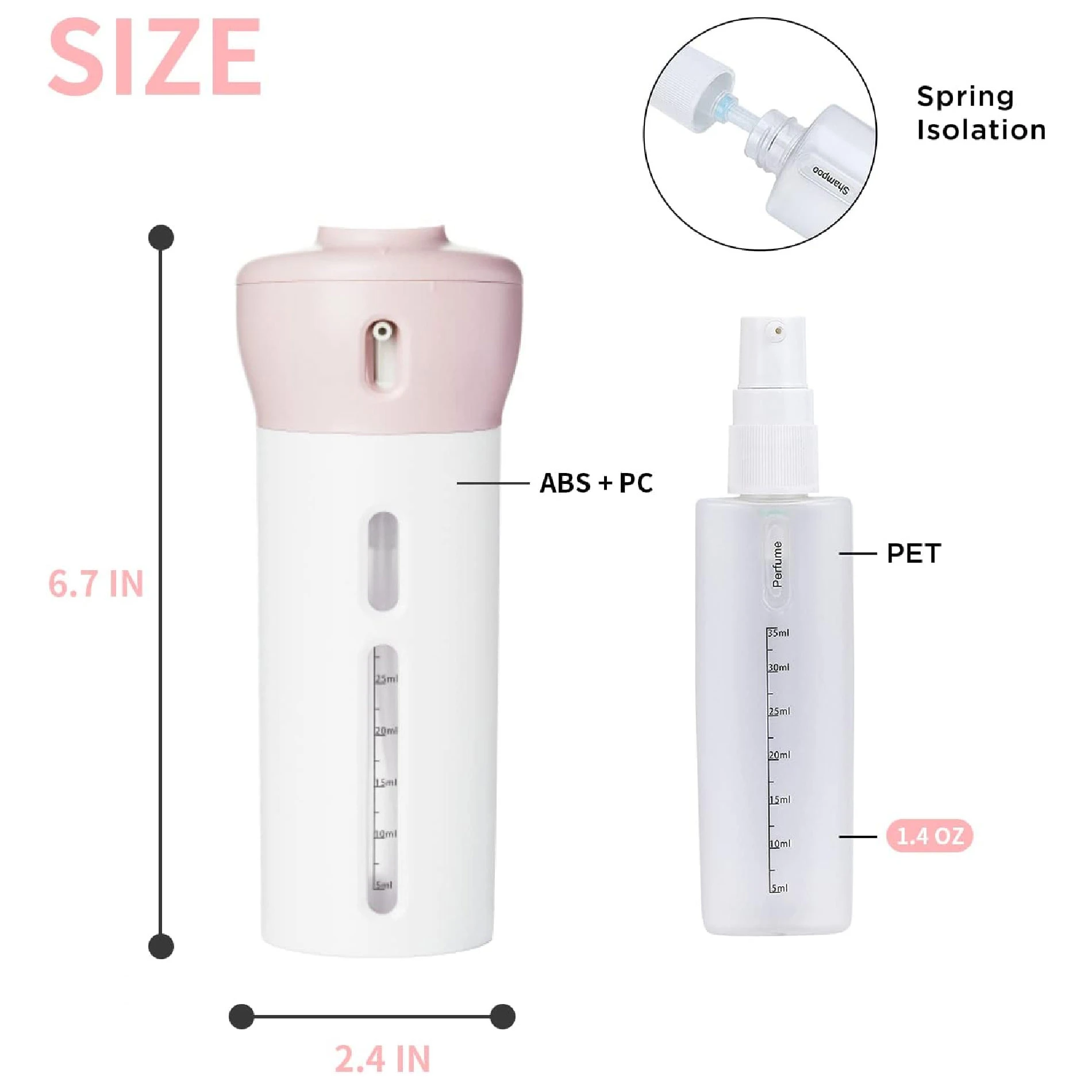 Dispensador de líquidos para viaje en ABS y PC, rosa y blanco, con medidas 6.7x2.4 pulgadas. Incluye atomizador PET 1.4 oz.