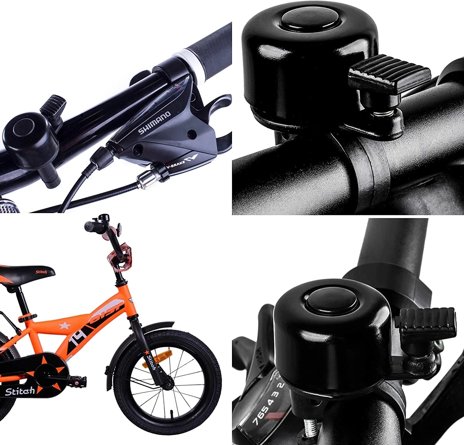 Primer plano de bicicleta infantil naranja Stitch con timbre negro, maneta freno Shimano V-Brake y cambio visible 765432.