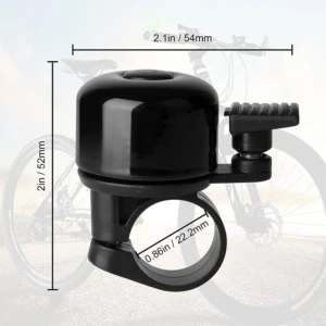 Timbre clásico para bicicleta, negro brillante, montaje de 22.2mm. Dimensiones: 52mm alto x 54mm ancho.