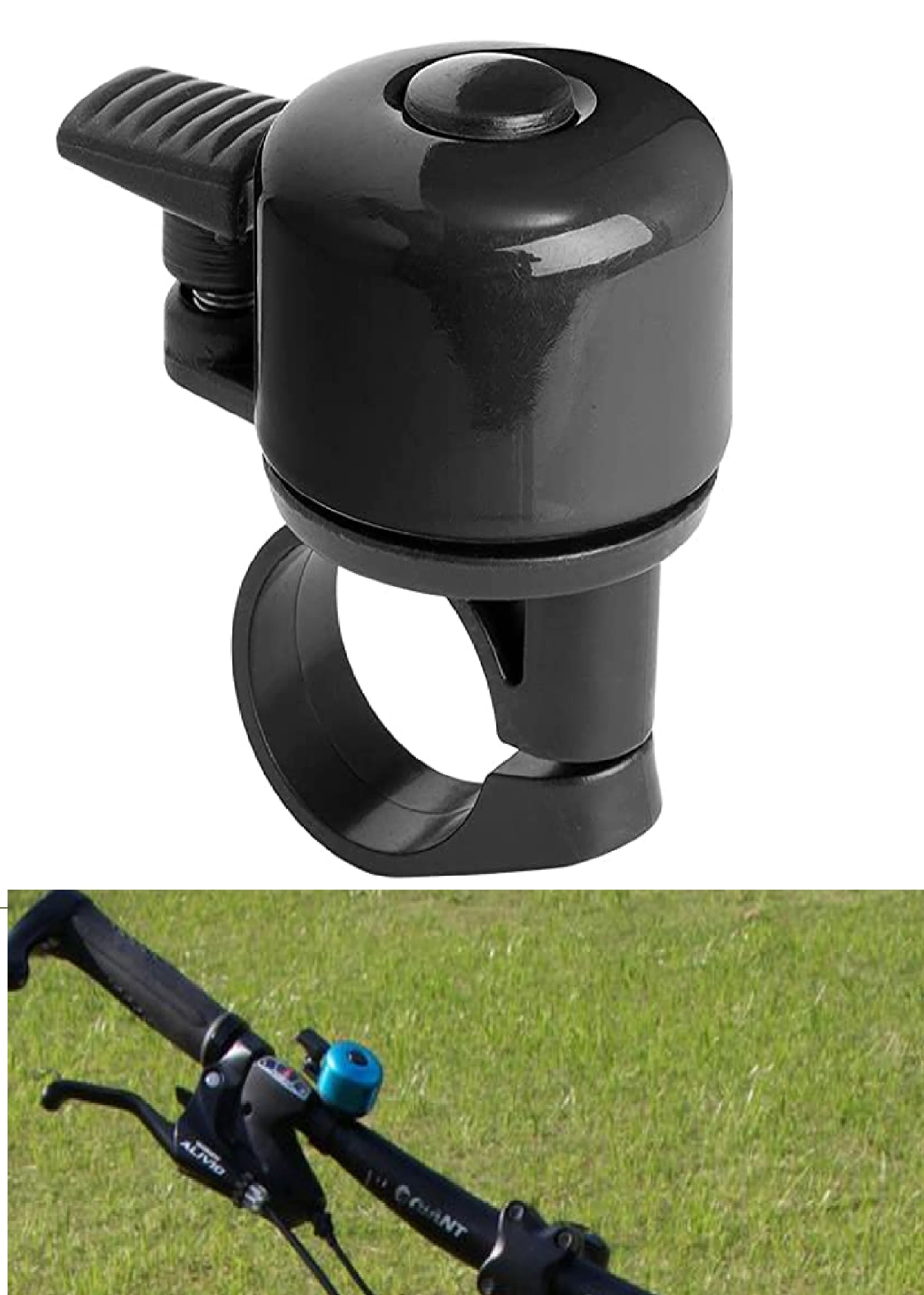 Timbre bicicleta negro clásico con botón superior, visto de cerca y montado en manubrio con fondo de césped.