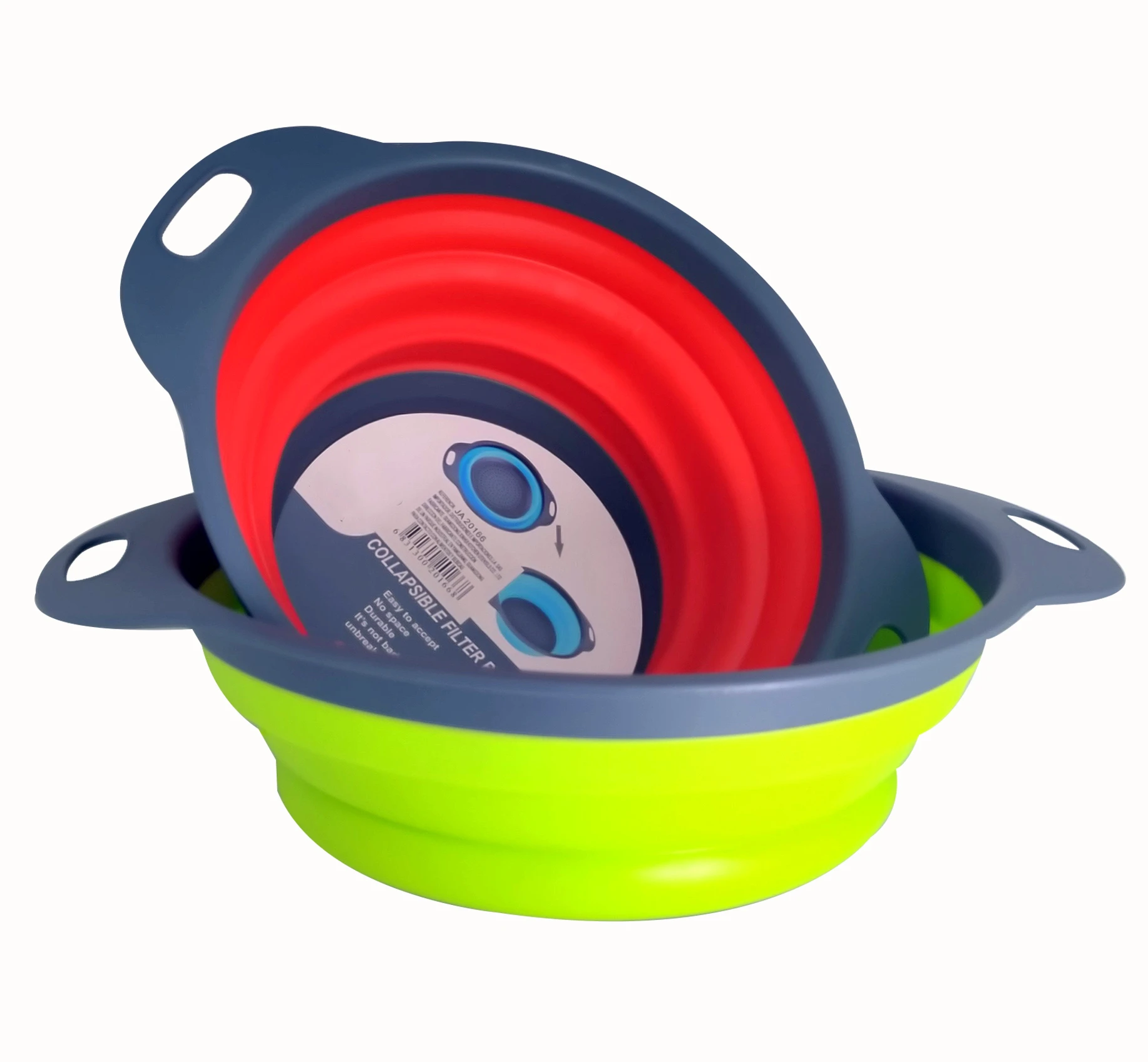 Colador redondo plegable de silicona azul, rojo y verde. Ideal para cocina.