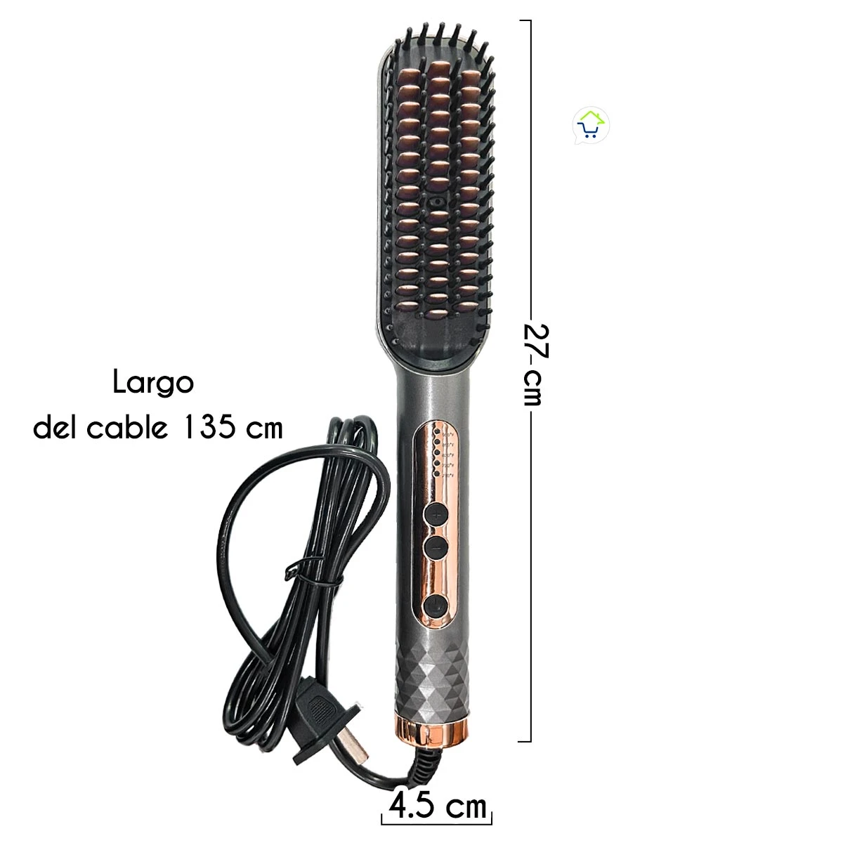 Cepillo alisador Pro950 gris con placas de cerámica, 27 cm de largo, 4.5 cm de ancho y cable de 135 cm. Incluye control de temperatura y dientes térmicos.