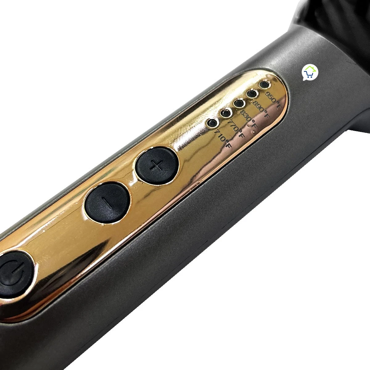 Mango de cepillo alisador color gris con panel dorado, botones de control y pantalla LED con niveles de temperatura desde 710 F hasta 950 F.