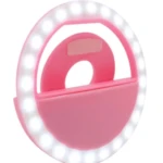 Aro de luz selfie rosa recargable con clip para celular.