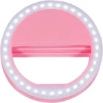 Aro de luz selfie rosa para celular, diseño recargable con clip, iluminación LED circular.