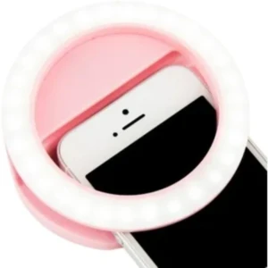 Aro de luz rosa con clip para celular, ilumina selfies.